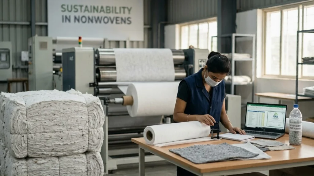 GRS Certified Recycled Content Nonwoven Fabric manufactured by Favourite Fab, showcasing sustainable eco-friendly nonwoven material for hygiene, medical, packaging, and industrial applications.