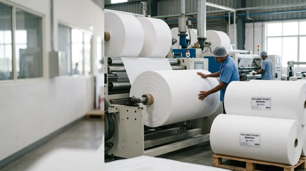 Topsheet nonwoven fabric manufacturer supplier wholesaler in India providing soft, breathable, hydrophilic hygiene fabric for sanitary pads, diapers, and medical applications.