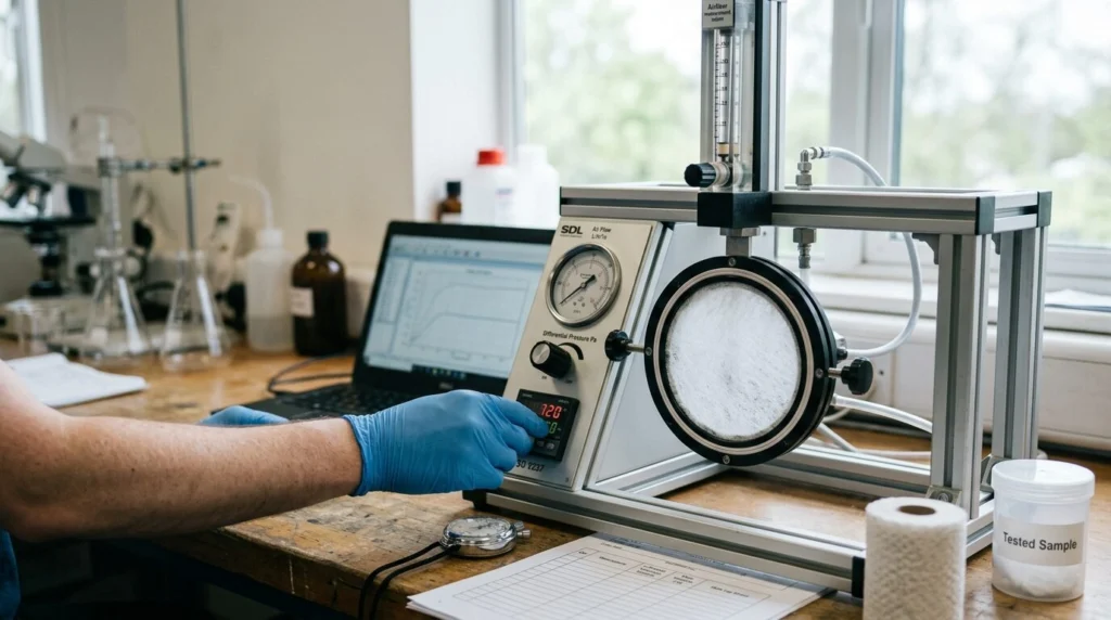 ISO 9237 air permeability testing machine evaluating nonwoven filter media fabric for airflow performance and filtration quality control.