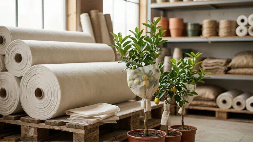 UV treated fruit skirting bags nonwoven fabric rolls for agricultural crop protection, breathable and durable nonwoven material used in orchards and fruit farming applications.