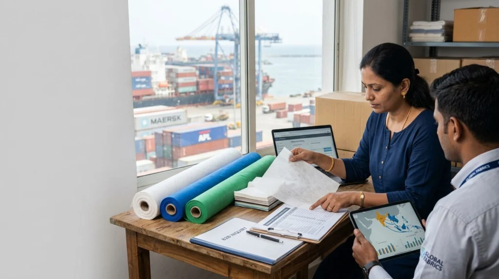 Nonwoven fabric supplier in Southeast Asia exporting premium spunbond, spunlace, SMS, and industrial nonwoven materials from India for B2B manufacturing and wholesale applications.