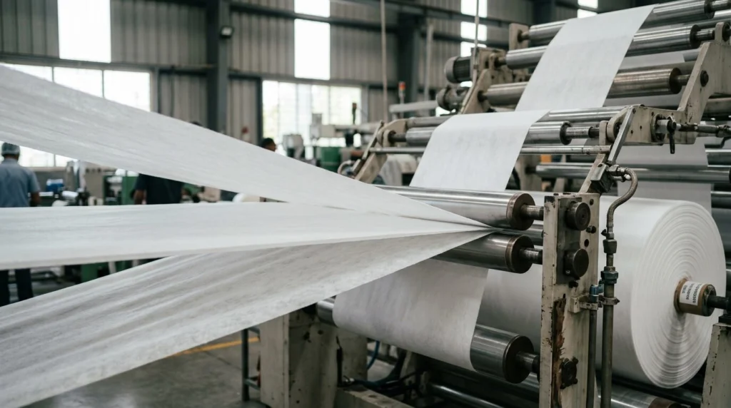 SMS nonwoven fabric manufacturer in India producing spunbond meltblown spunbond fabric rolls for medical, hygiene, filtration, and surgical applications.