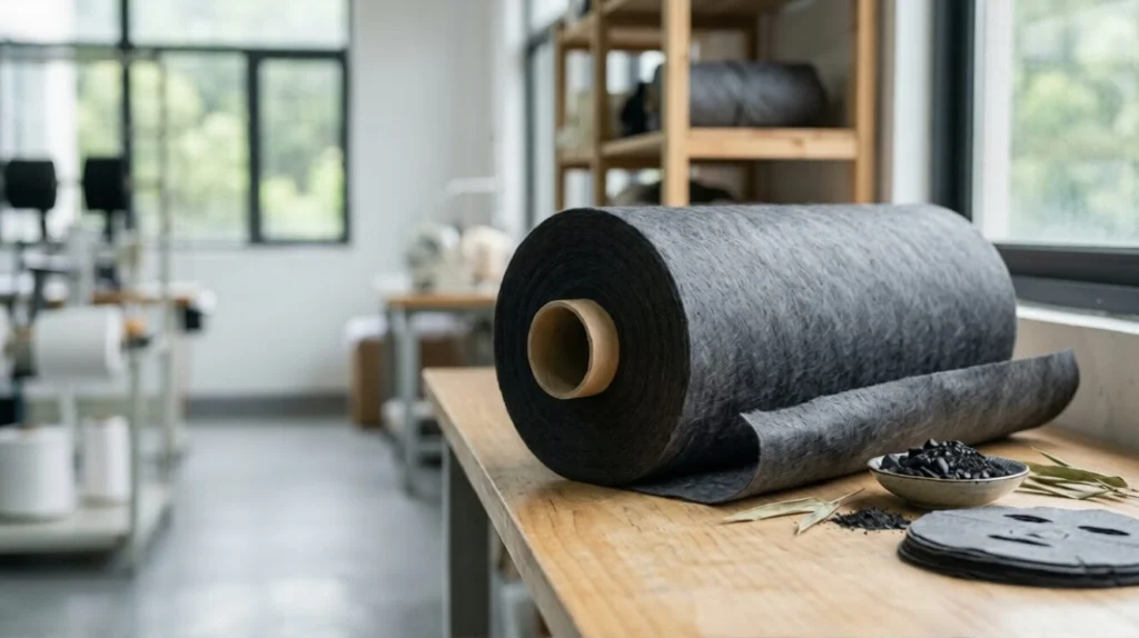 Bamboo charcoal spunlace nonwoven fabric roll for facial mask manufacturing with soft texture, breathable structure, and deep cleansing skincare application for wholesale supply.Bamboo charcoal spunlace nonwoven fabric roll for facial mask manufacturing with soft texture, breathable structure, and deep cleansing skincare application for wholesale supply.