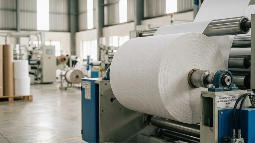 Spunbond nonwoven diaper raw material roll used for diaper coverstock and breathable outer cover manufacturing in India by Favourite Fab.