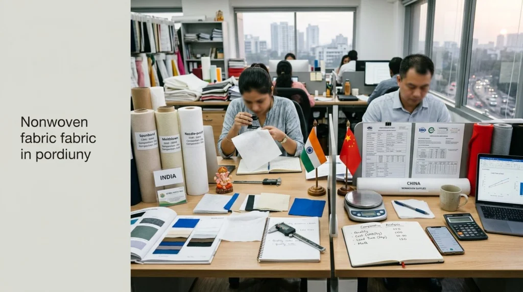 India vs China nonwoven fabric supplier comparison showing differences in quality standards, manufacturing cost, export pricing, delivery lead time, and bulk sourcing advantages for global buyers.