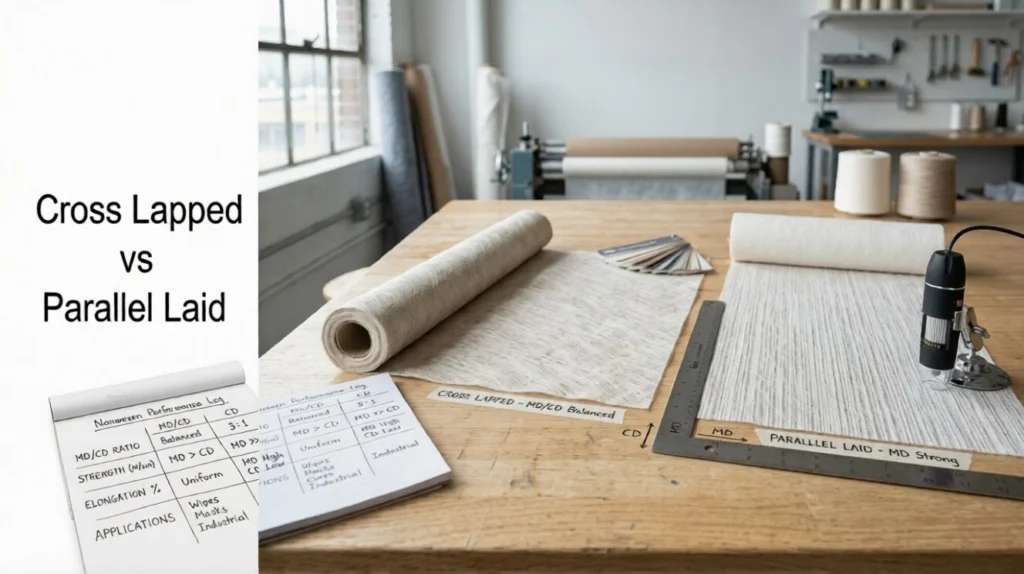 Cross lapped vs parallel laid spunlace nonwoven fabric structure comparison showing MD/CD ratio, tensile strength balance, fibre orientation, and performance differences for wipes, medical, and industrial applications.