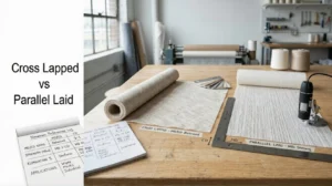 Cross lapped vs parallel laid spunlace nonwoven fabric structure comparison showing MD/CD ratio, tensile strength balance, fibre orientation, and performance differences for wipes, medical, and industrial applications.