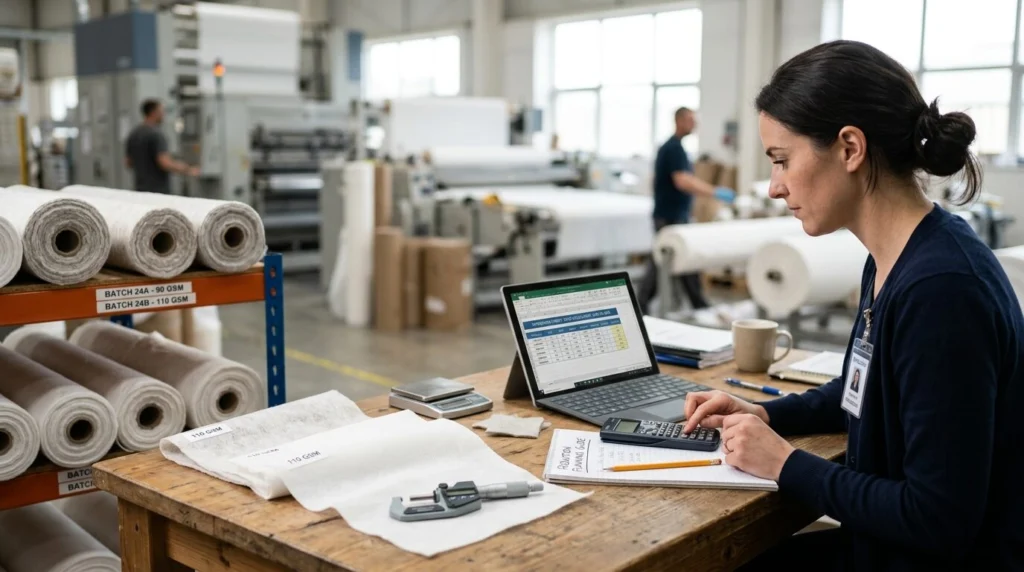 Nonwoven fabric yield calculator showing GSM to square meter conversion for production planning, fabric consumption estimation, and bulk material calculation in nonwoven manufacturing.