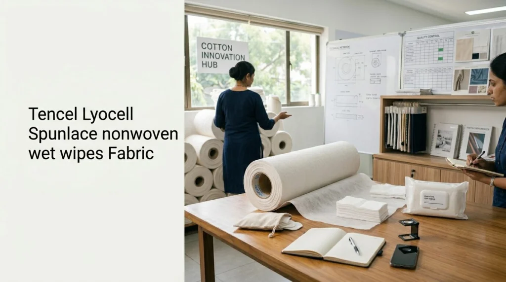 Tencel Lyocell spunlace nonwoven fabric roll for premium wet wipes manufacturing, featuring soft texture, biodegradable material, high absorbency, and bulk industrial supply for hygiene and personal care products.