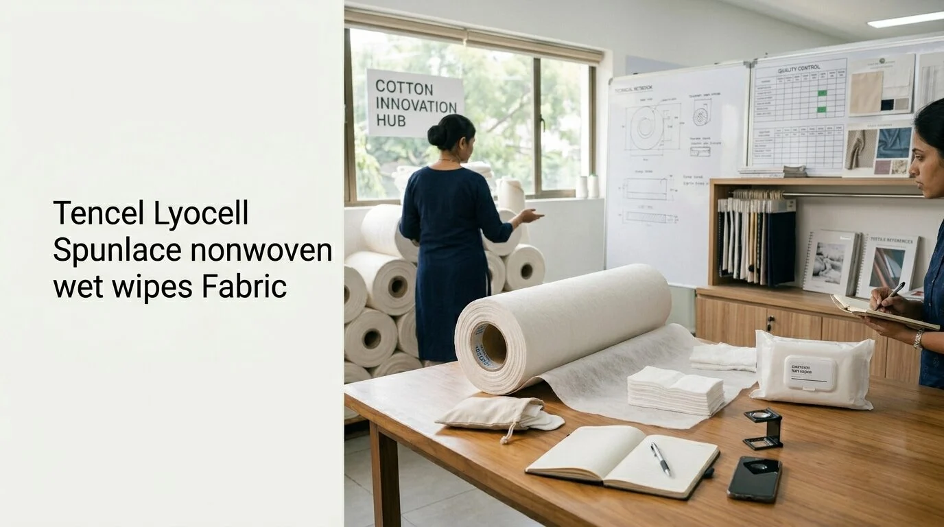 Tencel Lyocell spunlace nonwoven fabric roll for premium wet wipes manufacturing, featuring soft texture, biodegradable material, high absorbency, and bulk industrial supply for hygiene and personal care products.