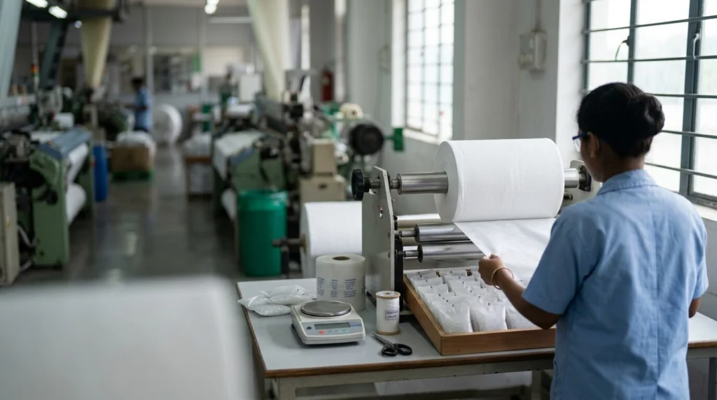 PE PP Bico nonwoven fabric roll used for desiccant pouch manufacturing in India with high breathability, durability, and moisture control properties.
