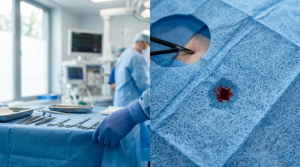 Spunlace nonwoven fabric for medical drapes with high absorbency and fluid management properties used in surgical and healthcare applications.