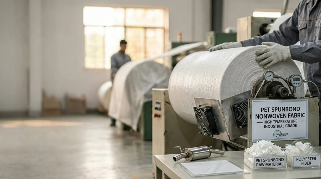 PET spunbond nonwoven fabric roll in white industrial grade material designed for high temperature applications and durable manufacturing use in India.