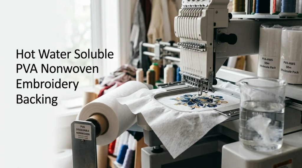 Hot Water Soluble PVA Nonwoven Embroidery Backing roll for embroidery stabilizer applications, dissolvable nonwoven fabric for garment and textile embroidery support, wholesale supply by Favourite Fab India.