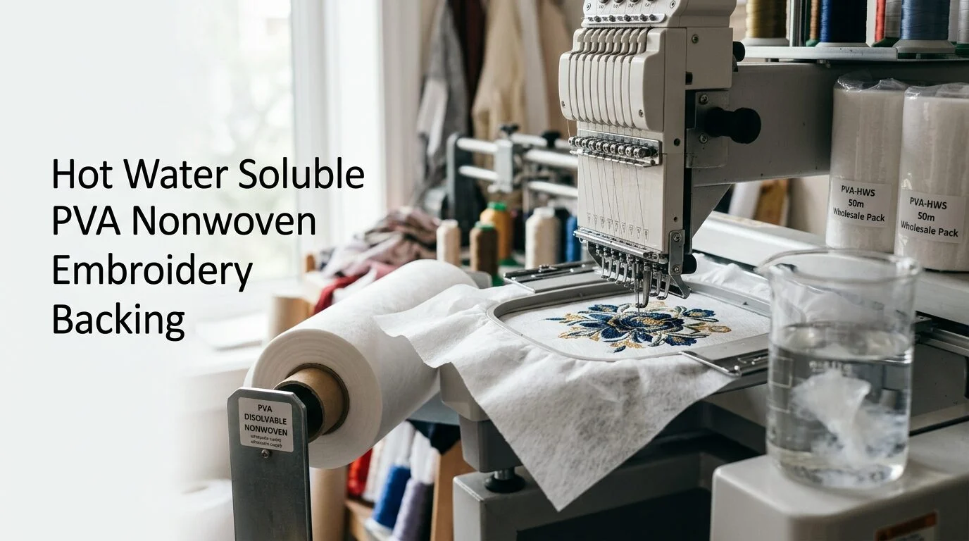 Hot Water Soluble PVA Nonwoven Embroidery Backing roll for embroidery stabilizer applications, dissolvable nonwoven fabric for garment and textile embroidery support, wholesale supply by Favourite Fab India.