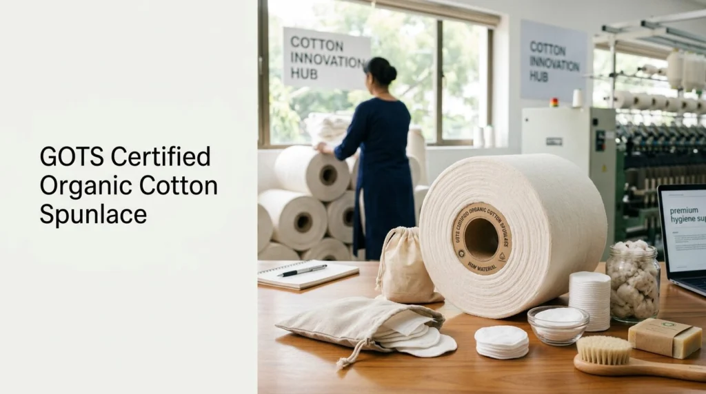 GOTS Certified Organic Cotton Spunlace Rolls for premium hygiene and cosmetic applications, featuring soft biodegradable nonwoven fabric suitable for wipes, skincare pads, baby care, and sustainable personal care manufacturing.