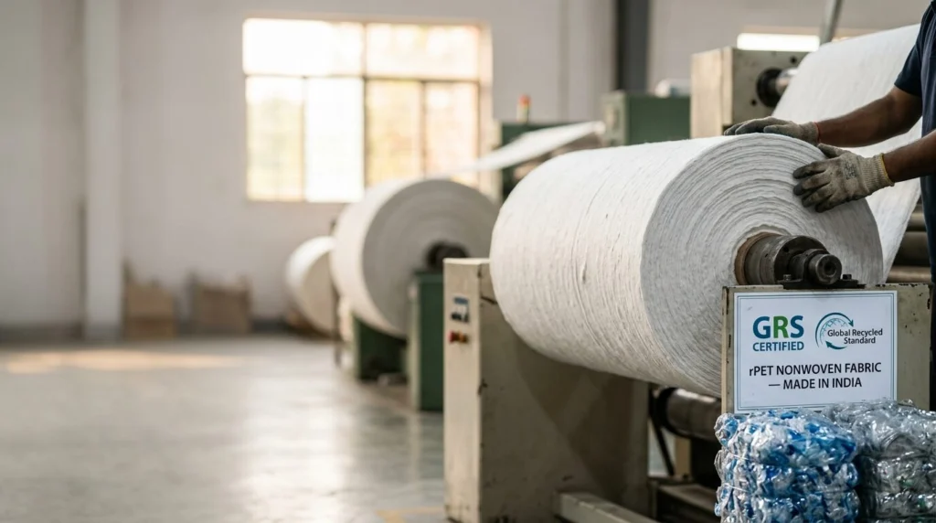 Recycled PET nonwoven fabric roll made from rPET material with GRS certification for sustainable textile and hygiene manufacturing in India.