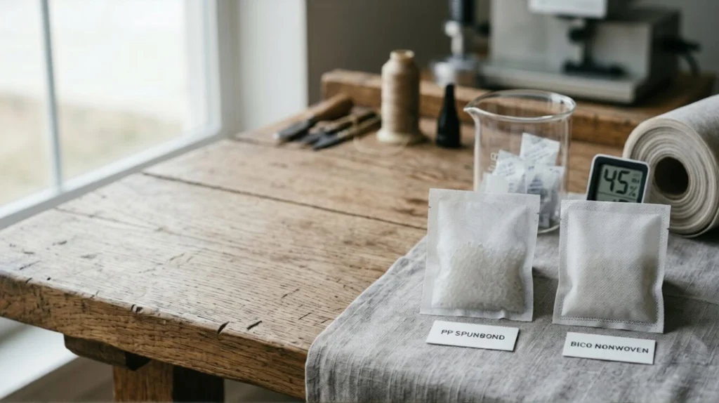 PP spunbond vs bico nonwoven fabric comparison for desiccant pouch manufacturing showing strength, breathability, softness, and moisture absorption performance.