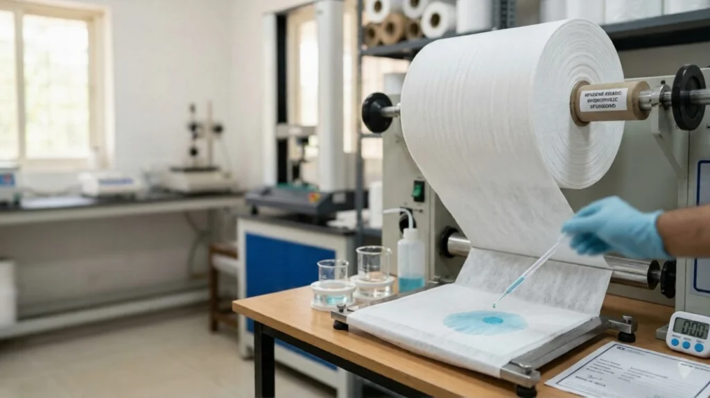 Hydrophilic spunbond nonwoven fabric roll designed for fast strike-through hygiene applications in India, offering rapid liquid absorption, soft texture, and uniform fabric structure for sanitary pads, diapers, and medical products.