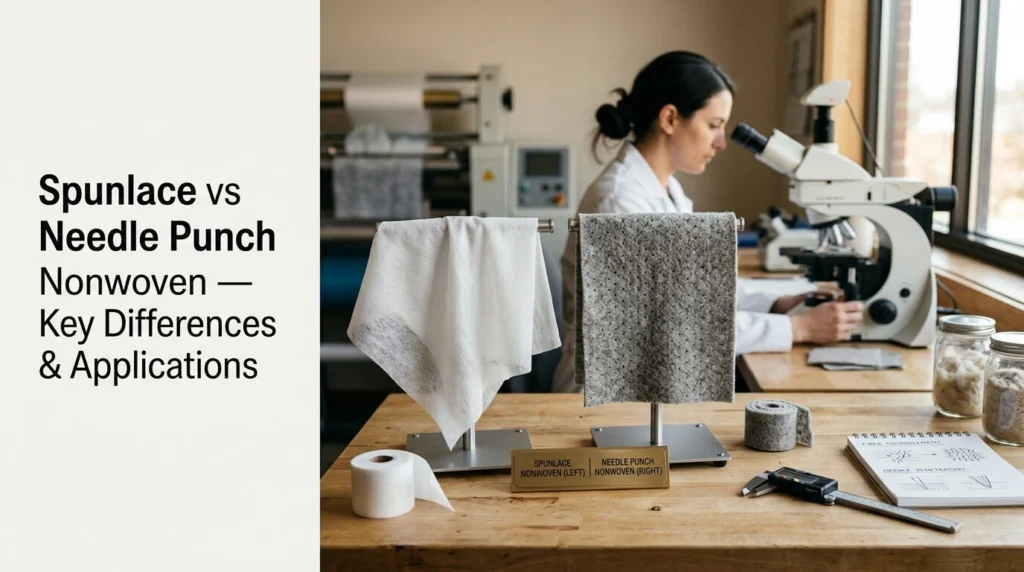 Spunlace vs needle punch nonwoven fabric comparison showing texture, softness, strength, and industrial applications in hygiene, automotive, filtration, and geotextile products.