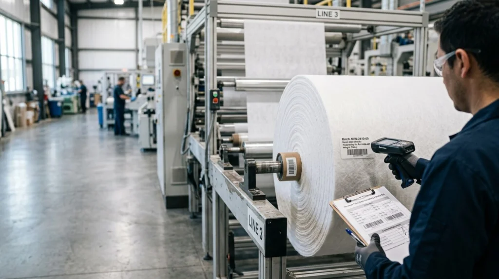 Nonwoven fabric quality inspection process with batch traceability system, quality guarantee documentation, and replacement SLA assurance for industrial buyers and exporters.
