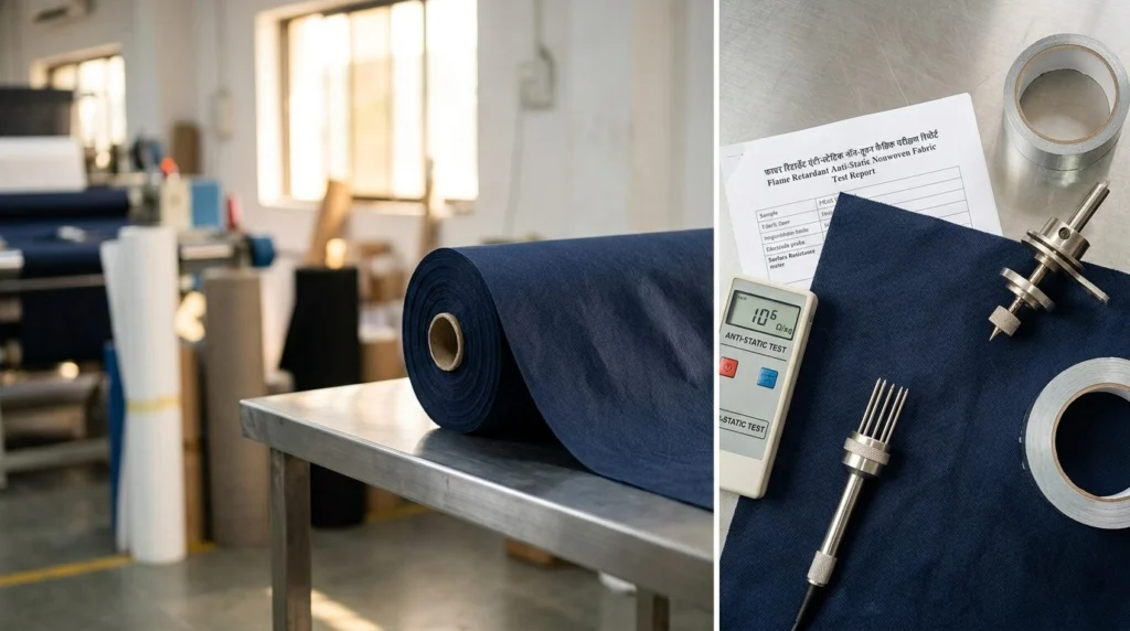Flame retardant anti-static nonwoven fabric for industrial PPE manufacturing in India, designed for protective clothing, coveralls, and hazardous work environments.