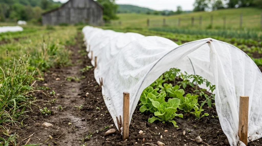 Spunlace nonwoven fabric for agriculture applications used in crop protection, biodegradable mulch cover, frost protection, and sustainable farming solutions.