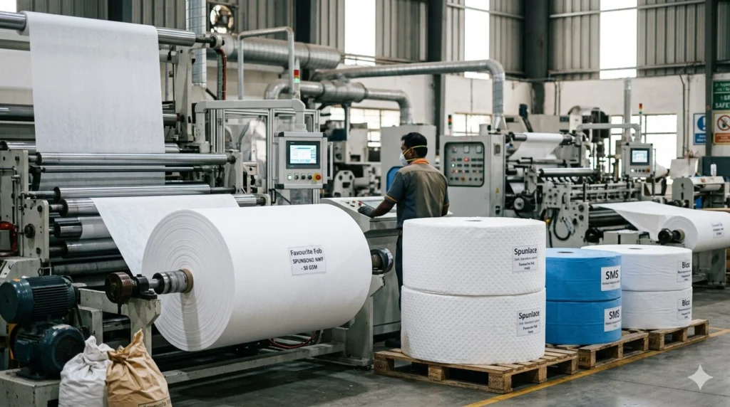 Non woven fabric manufacturing unit in India producing spunlace, spunbond, SMS, and bico nonwoven fabric rolls for medical, hygiene, packaging, and industrial applications by Favourite Fab.