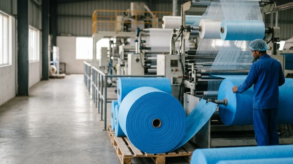PP Spunbond Nonwoven Fabric roll manufactured in India using premium polypropylene material for hygiene, medical, packaging, agriculture, and industrial applications.