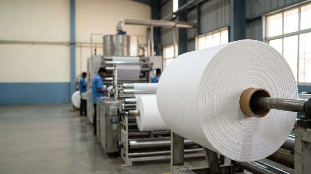 Nonwoven fabric for wet wipes manufacturing in India, premium spunlace raw material roll for wet wipes converters, soft absorbent nonwoven fabric supplier by Favourite Fab.