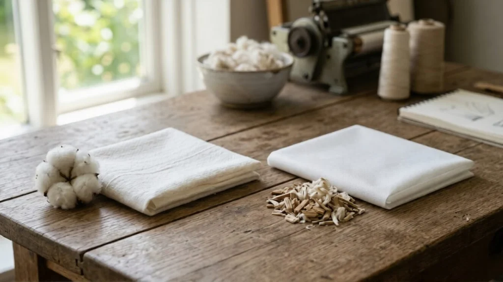 Cotton vs viscose spunlace nonwoven fabric comparison showing texture, softness, absorbency, durability, and eco-friendly natural fibre applications for wipes, hygiene, and medical products.
