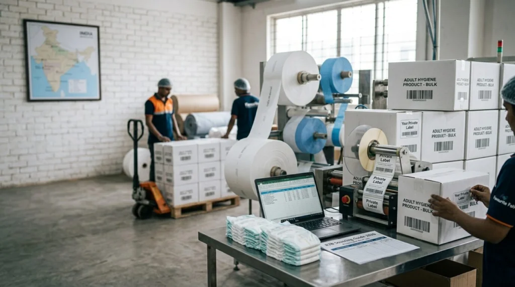 Adult diaper manufacturers in India offering private label OEM bulk supply and B2B sourcing solutions for global healthcare markets