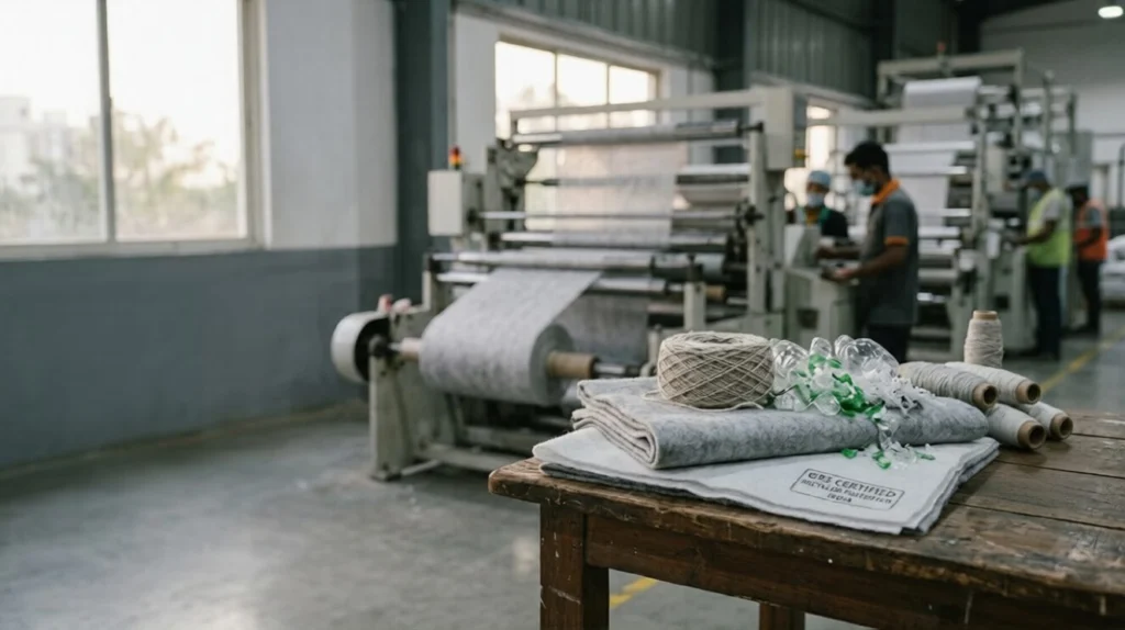 Sustainable rPET GRS certified nonwoven fabric rolls manufactured in India for ESG-focused buyers, eco-friendly recycled polyester material for bags, hygiene, medical, and packaging applications.