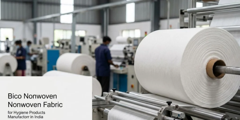 Bico nonwoven fabric roll for hygiene products with ultra-soft coverstock layer used in sanitary pads, baby diapers, and medical hygiene applications in India.