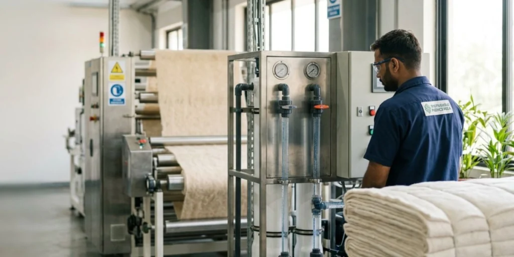 Sustainable ZLD nonwoven fabric manufacturing facility in India with eco-friendly production processes, water recycling systems, and ESG-compliant nonwoven sourcing solutions.