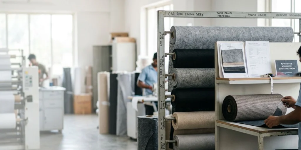 Car interior lining nonwoven fabric rolls manufactured in India for automotive roof lining, door panels, trunk liners, and insulation applications.