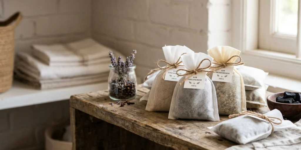 Odour control pouch nonwoven fabric used for air freshener and deodoriser sachets manufacturing in India with breathable and durable material.