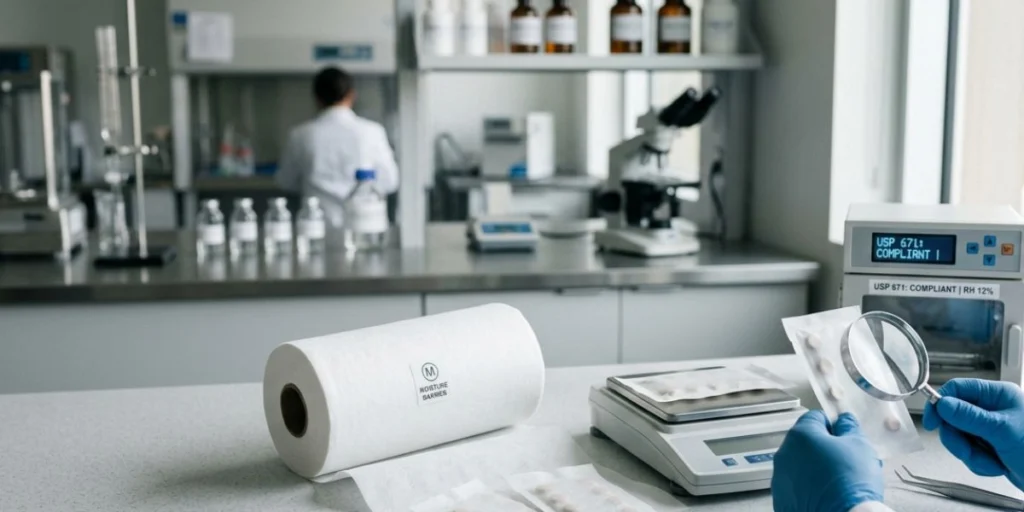 USP 671 compliant moisture barrier nonwoven packaging material designed for pharmaceutical and medical product protection against humidity and moisture exposure.