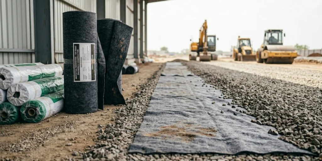 Geotextile nonwoven fabric roll used for road drainage, soil stabilization, filtration, and highway construction projects in India.