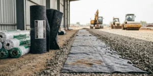 Geotextile nonwoven fabric roll used for road drainage, soil stabilization, filtration, and highway construction projects in India.