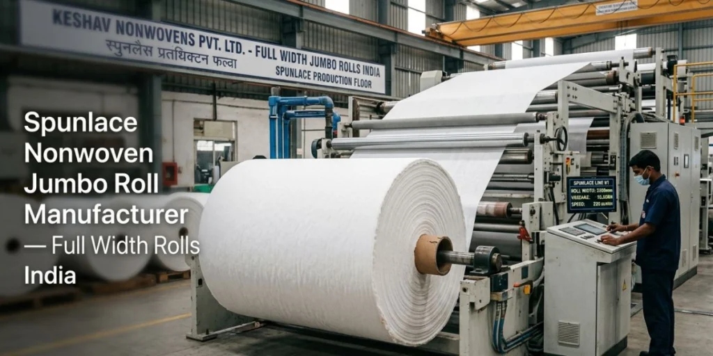 Spunlace nonwoven jumbo roll manufacturer in India supplying full width industrial rolls for wipes, hygiene, medical, and packaging applications.