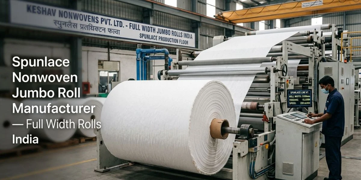 Spunlace nonwoven jumbo roll manufacturer in India supplying full width industrial rolls for wipes, hygiene, medical, and packaging applications.