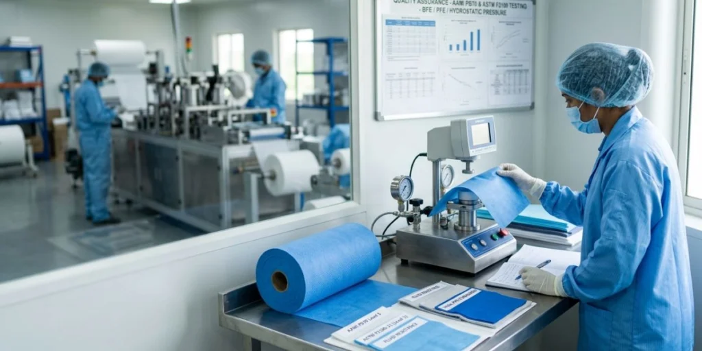 AAMI PB70 and ASTM F2100 certified nonwoven fabric for medical PPE manufacturing in India, designed for surgical gowns, face masks, and healthcare protective apparel.