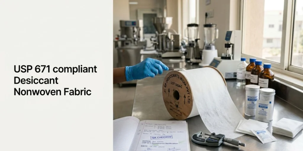 Pharmaceutical desiccant nonwoven fabric roll for moisture control packaging, USP 671 compliant medical-grade material supplier in India.