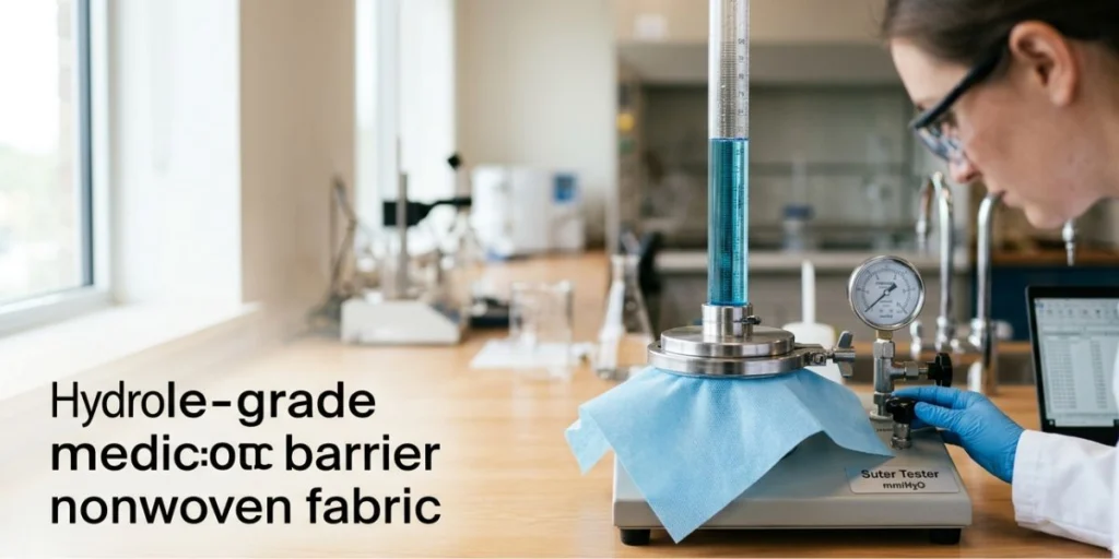 Hydrostatic head test on medical barrier nonwoven fabric showing water resistance performance for surgical and healthcare protective materials.
