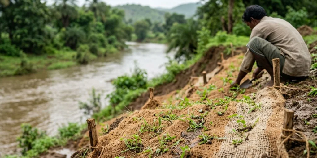 Biodegradable coir and jute erosion control geotextile roll used for soil stabilization, slope protection, riverbank erosion control, and eco-friendly landscaping applications in India.