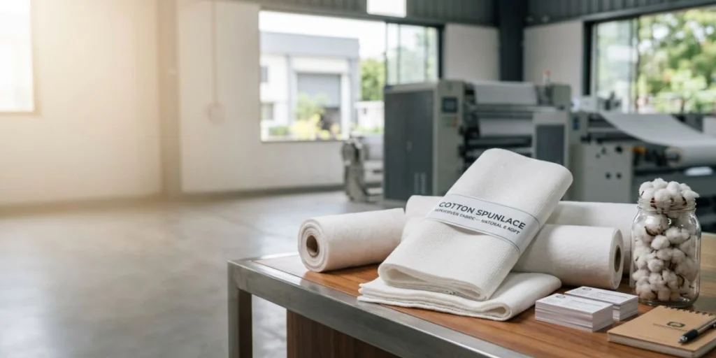 Cotton spunlace nonwoven fabric roll with soft natural texture for hygiene, wipes, medical, and personal care product manufacturing in India.