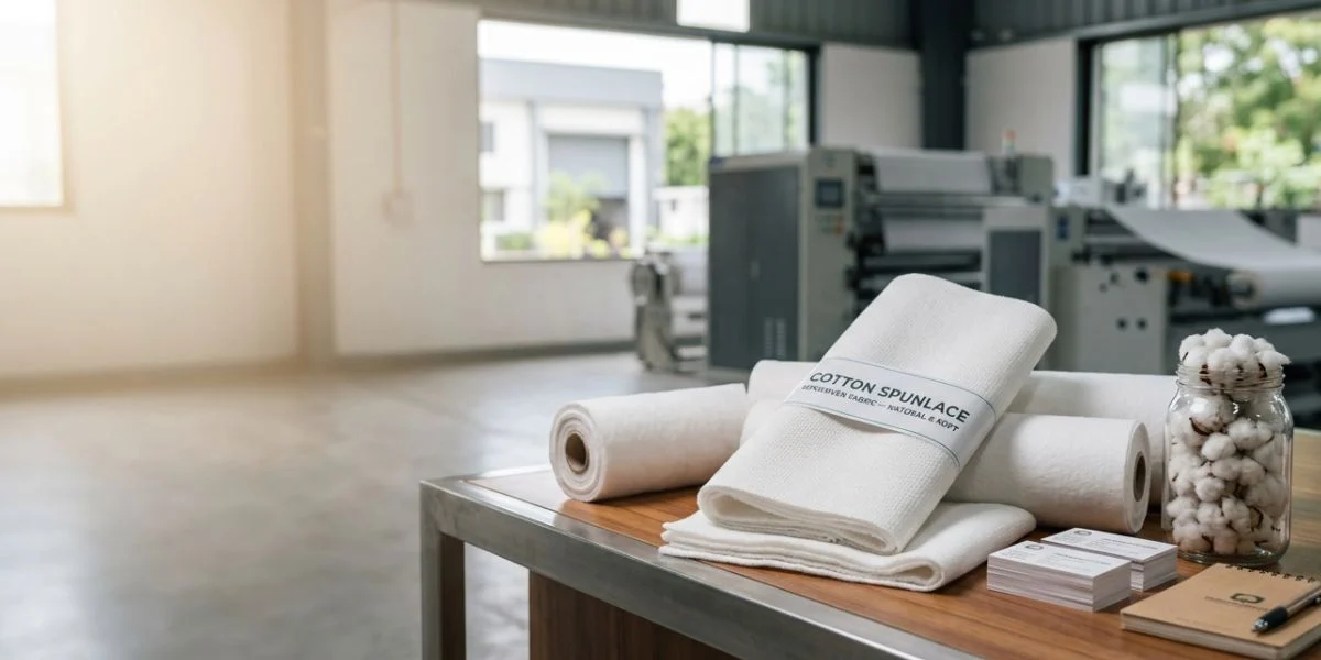 Cotton spunlace nonwoven fabric roll with soft natural texture for hygiene, wipes, medical, and personal care product manufacturing in India.