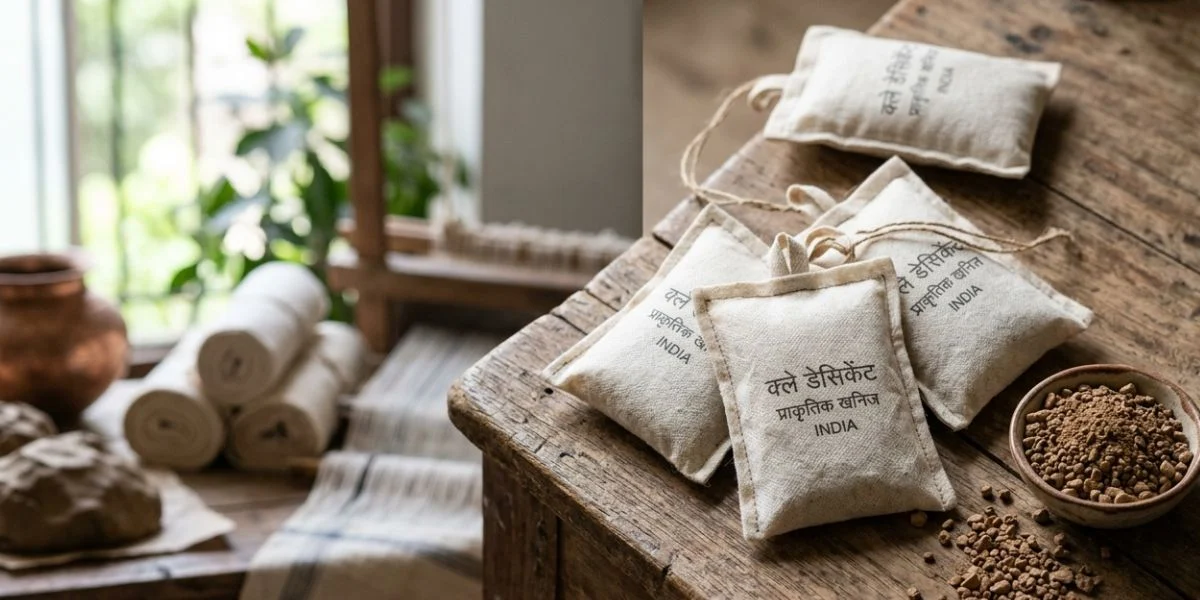 Clay desiccant pouch nonwoven fabric sachets filled with natural mineral moisture absorber for packaging protection and industrial use in India.