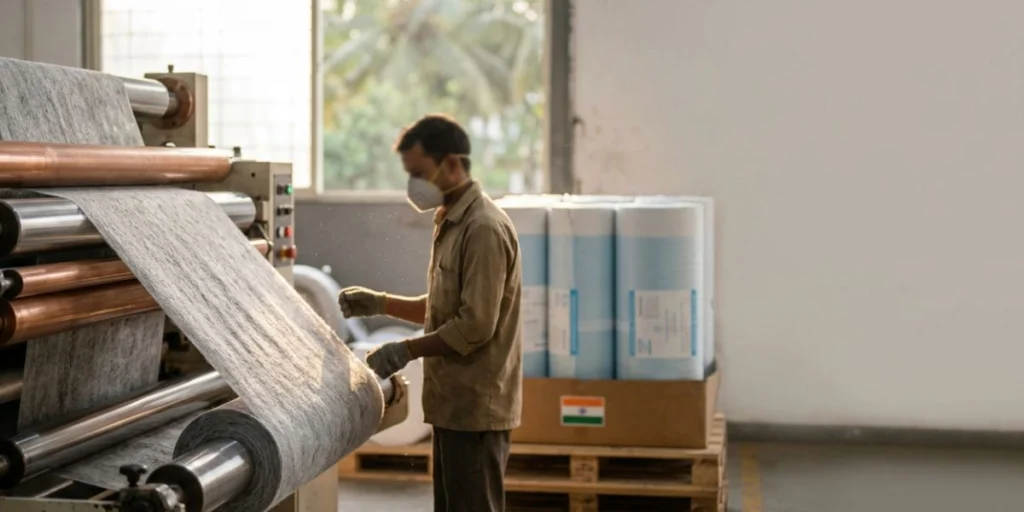Breathable roofing underlayment nonwoven membrane roll manufactured in India for waterproof roofing, moisture control, and durable construction applications.